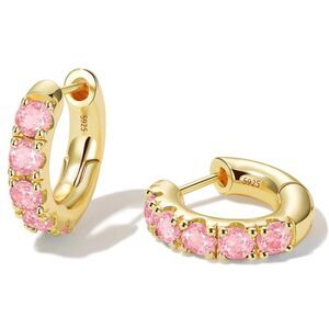 14K Yellow Gold 925 Sterling Silver Pink Sapphire Cubic Zirconia Huggie Earrings
